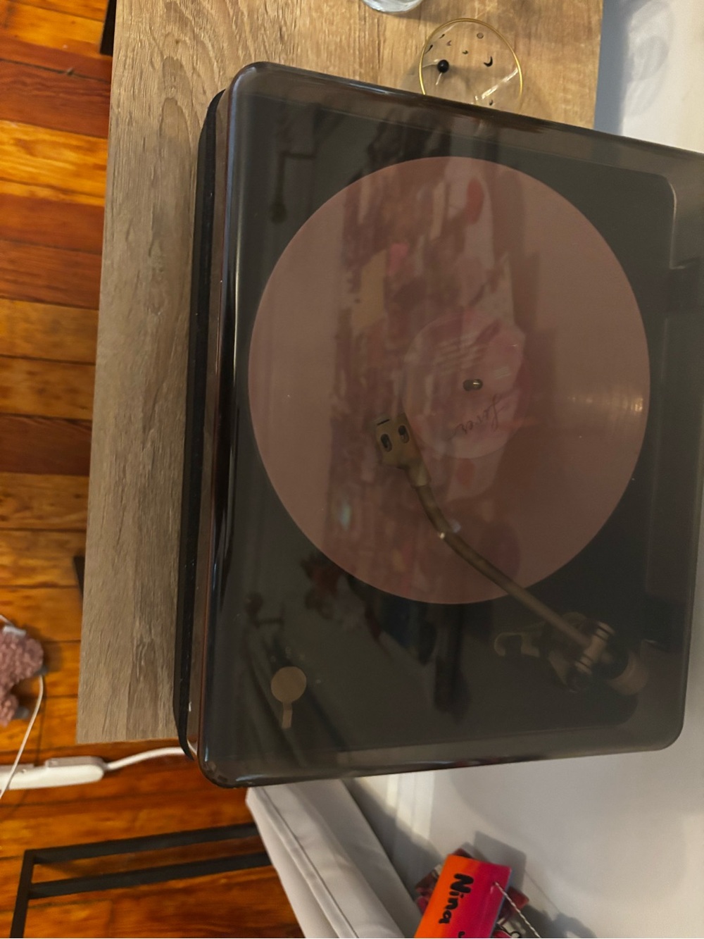 heyday Turntable with Smoke Dust Cover and Pink Platter